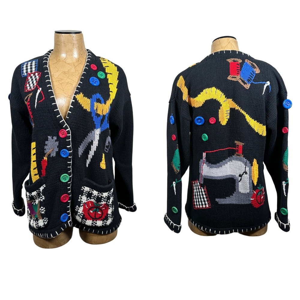 BellePointe Vintage Sewing Novelty Cardigan Sweater Black Ramie Cotton Small‎